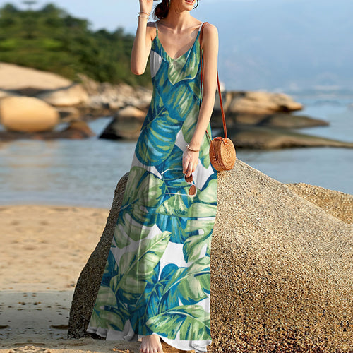 Contemporary Tropical Tree Leaf Bloom Sleeveless Maxi Dress | Women Summer Dress | Sundress