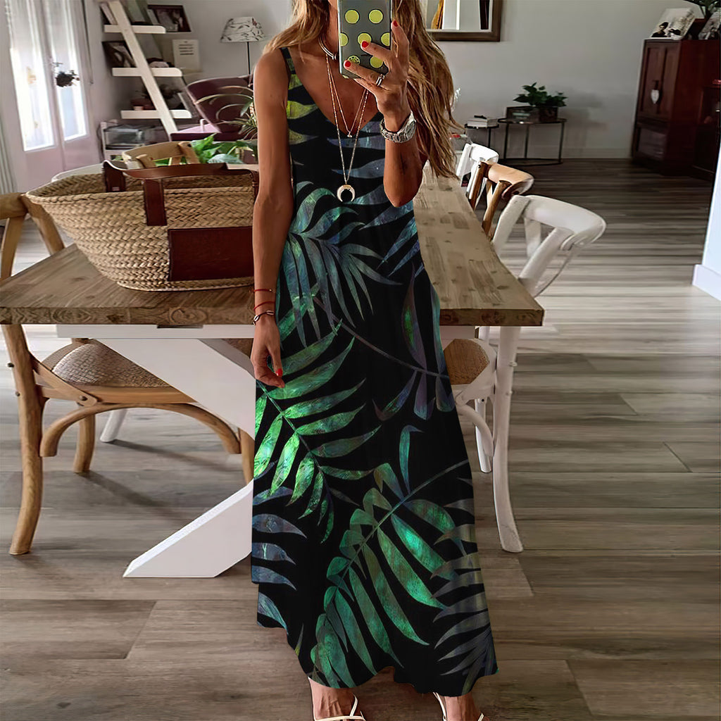 Coconut Leaves Tropical Sleeveless Maxi Dress | Women Summer Dress | Sundress