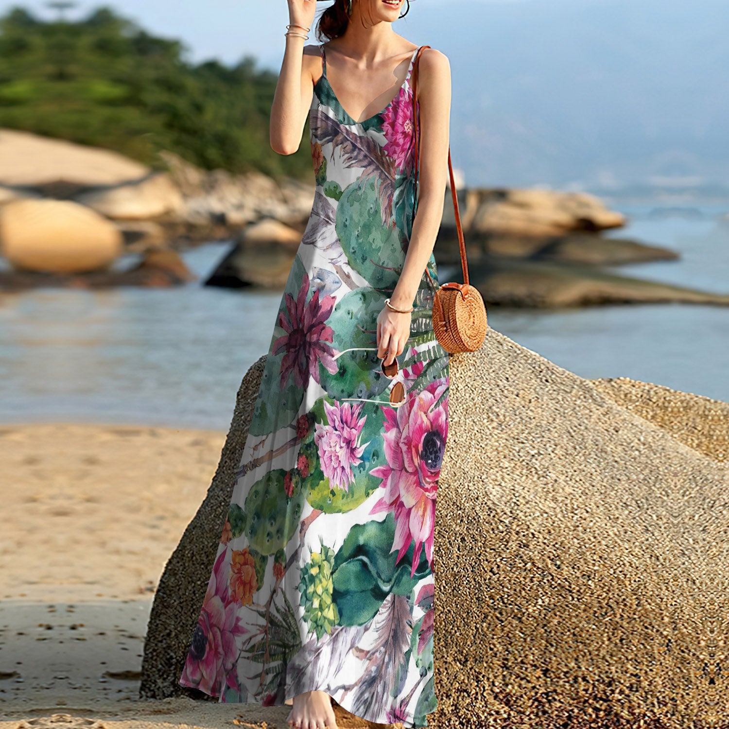 Tropical Cactus Flower Sleeveless Maxi Dress | Women Summer Dress | Sundress