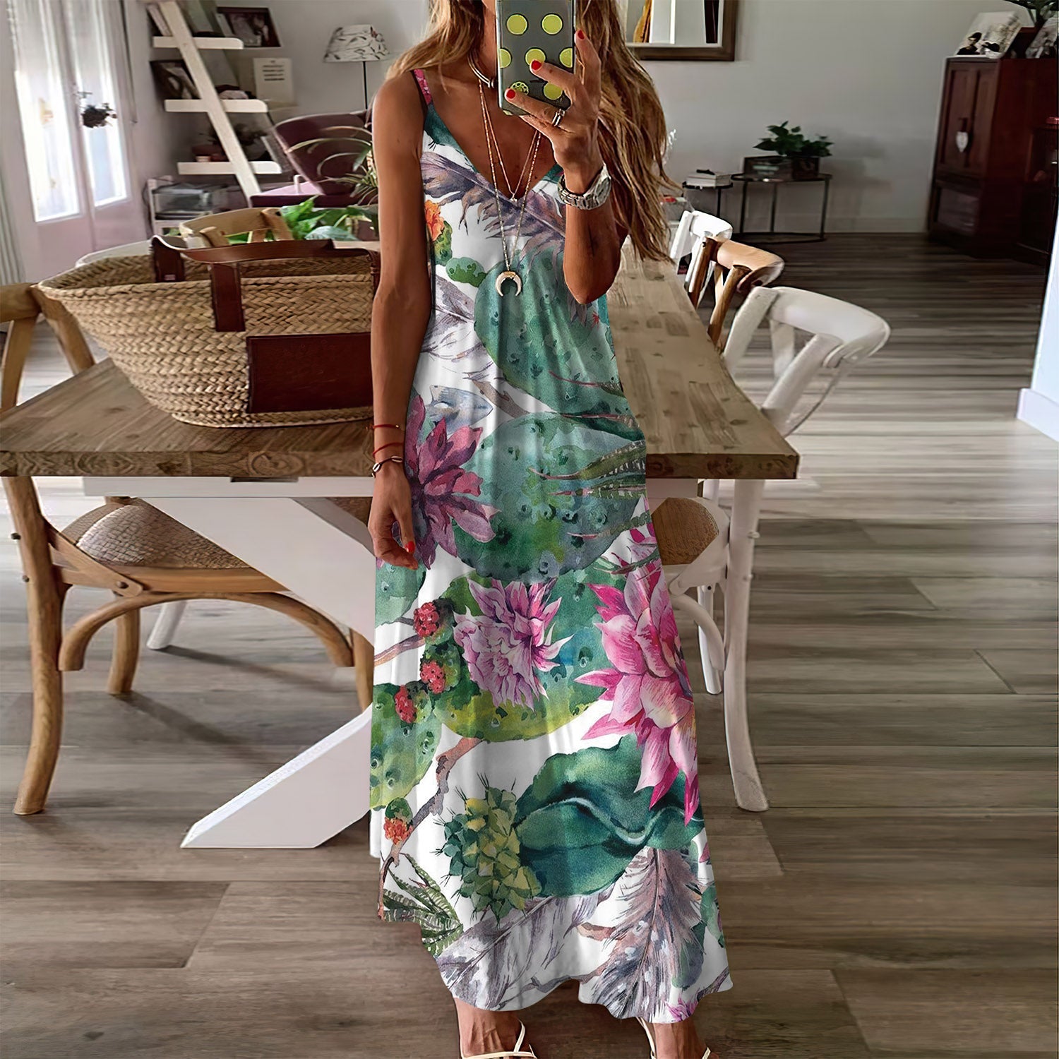 Tropical Cactus Flower Sleeveless Maxi Dress | Women Summer Dress | Sundress
