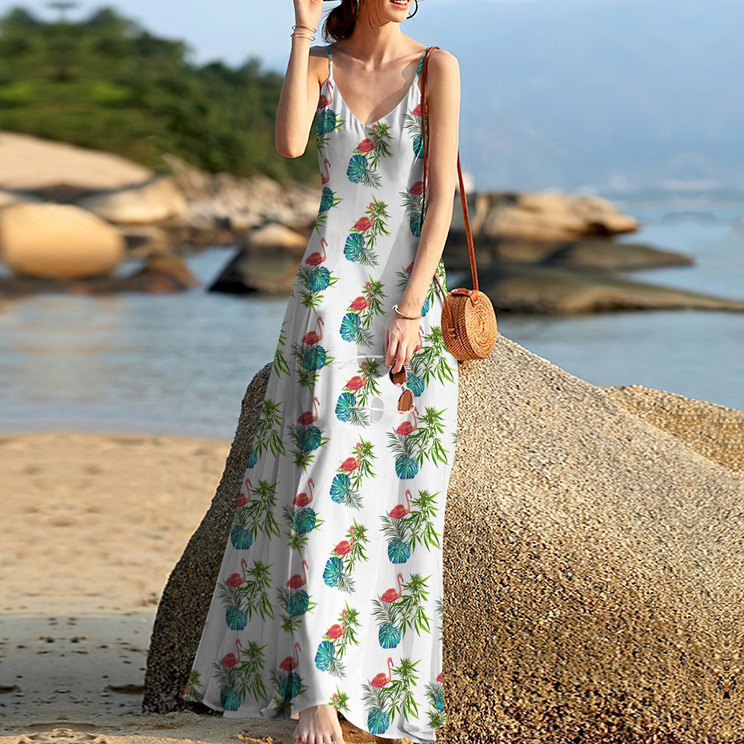 Weed Tropical Flamingo Sleeveless Maxi Dress | Women Summer Dress | Sundress