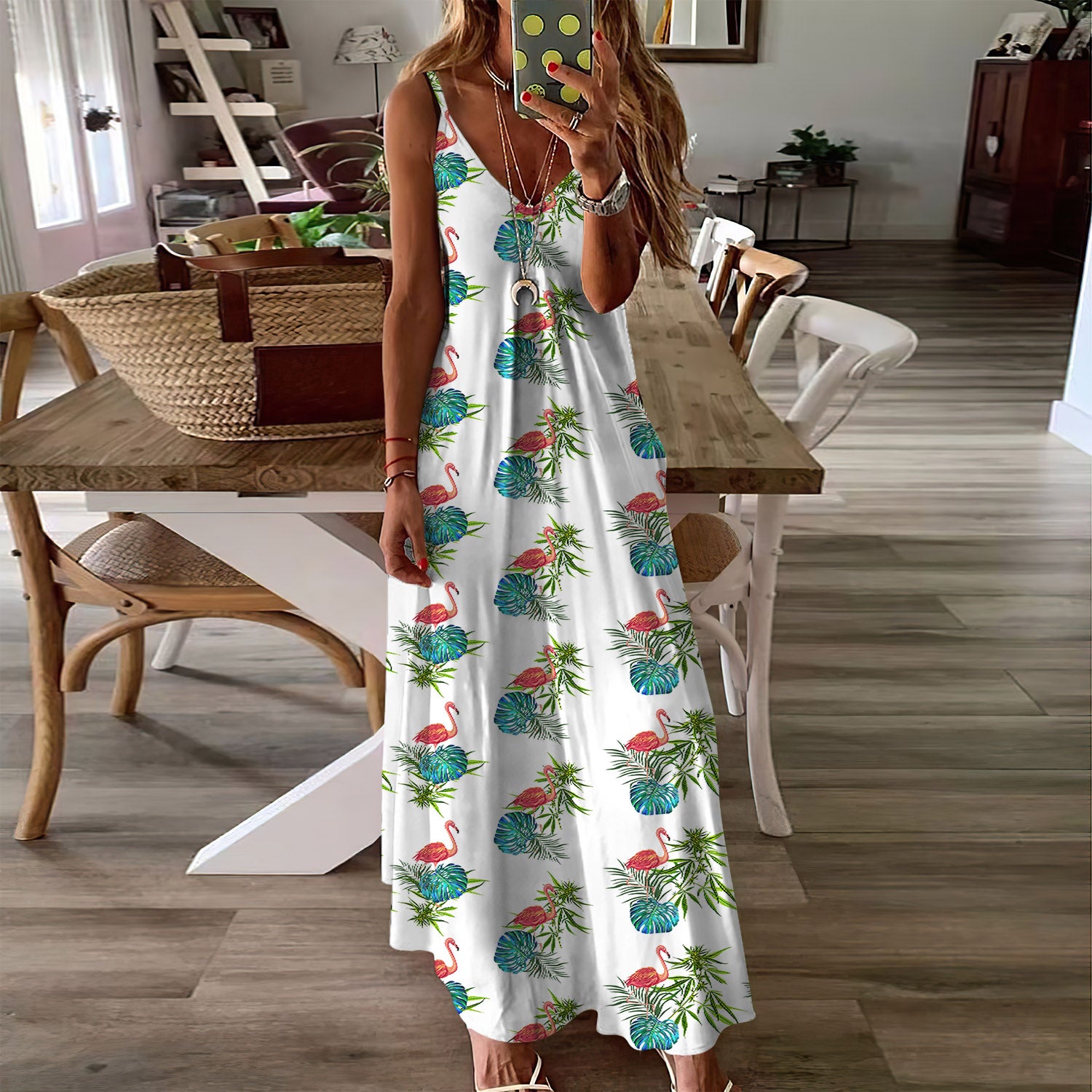 Weed Tropical Flamingo Sleeveless Maxi Dress | Women Summer Dress | Sundress