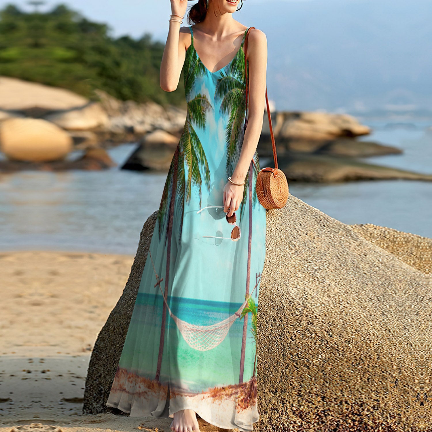Tropical Palm Beach Hammock Sleeveless Maxi Dress | Women Summer Dress | Sundress