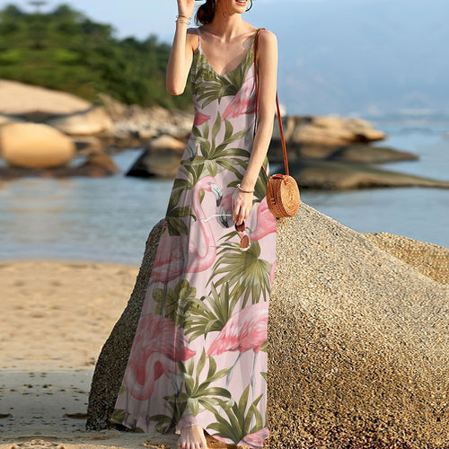 Flamingo Tropical Sleeveless Maxi Dress | Women Summer Dress | Sundress