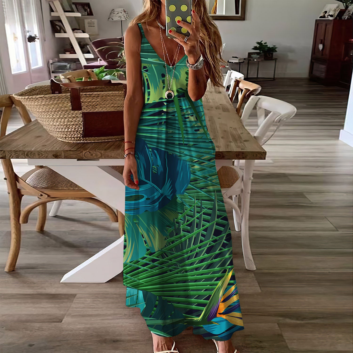 Tropical Large Leaf Sleeveless Maxi Dress | Women Summer Dress | Sundress