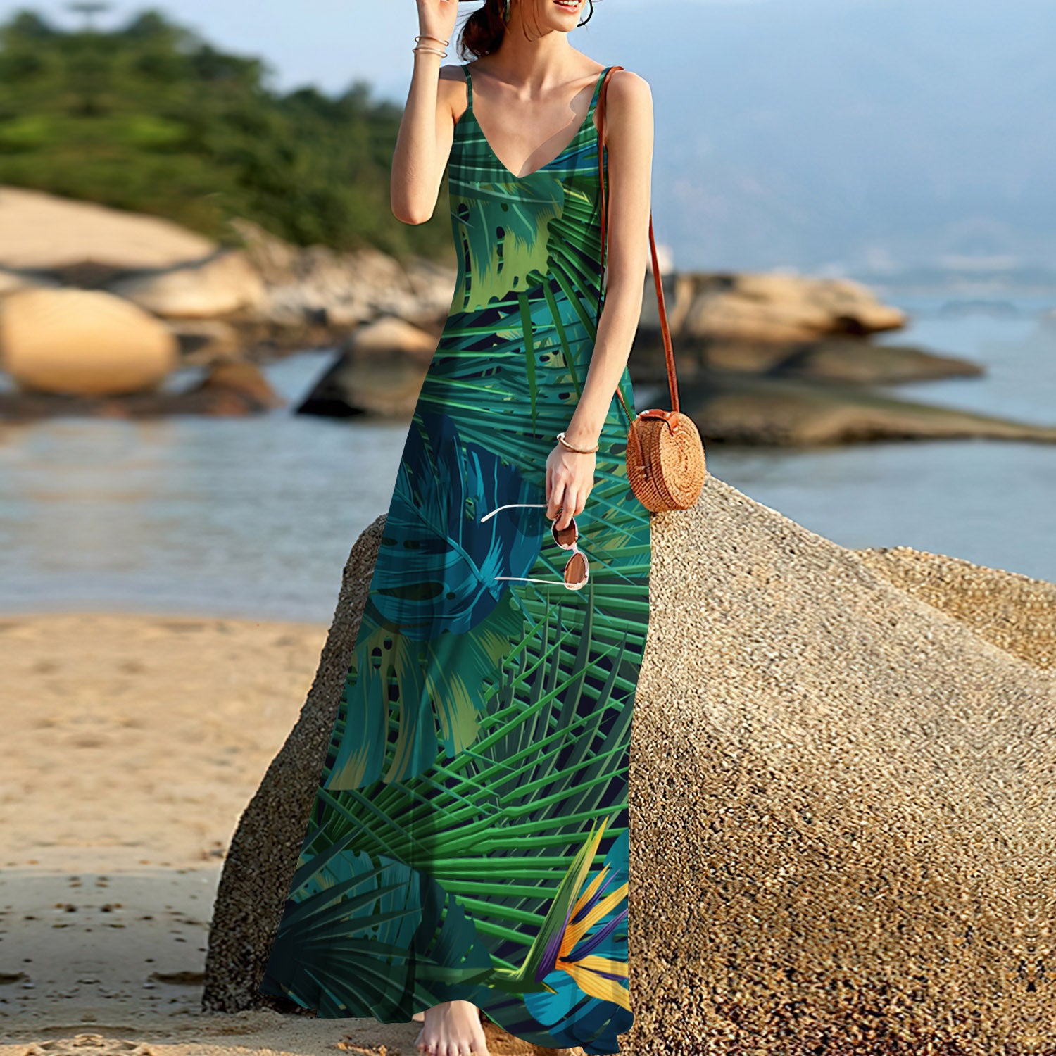 Tropical Large Leaf Sleeveless Maxi Dress | Women Summer Dress | Sundress